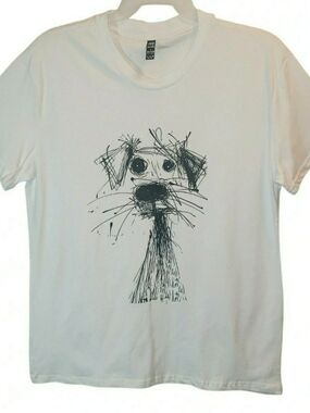 Womens lg t-shirt features a distinctive black, scribble-style puppy. New